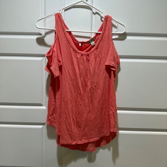 Lucky Brand Cold Shoulder Top Pom Trim Casual Blouse Coral Pink‎ Size S - Picture 1 of 8